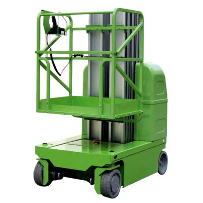 Green 9m  Double Mast Self Propelled Vertical Lift With Hydraulic Turning Wheel